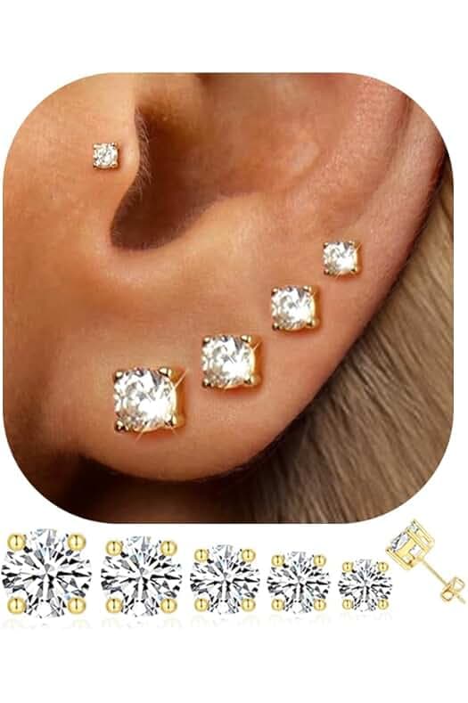 5 Pairs 14K Gold Plated Stud Earrings for Women, Hypoallergenic Earring Sets for Multiple Piercing, Premium Cubic Zirconia Studs Earrings for Women