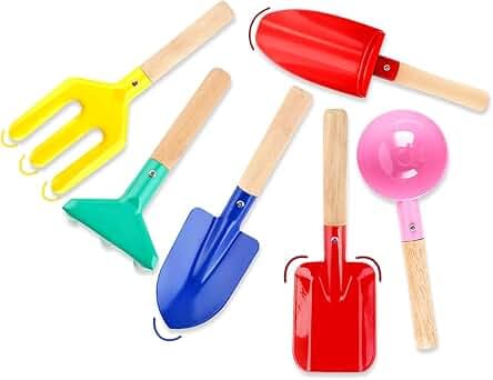 6 Piece Kids Gardening Tools, Children Beach Sand Toys, Made of Metal with Sturdy Wooden Handle, Safe Beach Gardening Set, Spoon, Fork, Rake & Shovel, Gifts for Kids