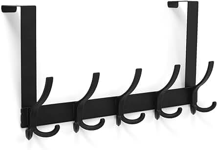 Over The Door Hooks for Hanging, Over The Door Hanger, Over The Door Towel Rack for Bathroom with 5 Triple Coat Hooks, Bathroom Towel Holder Towels Hanger (Black, 1 Pack)