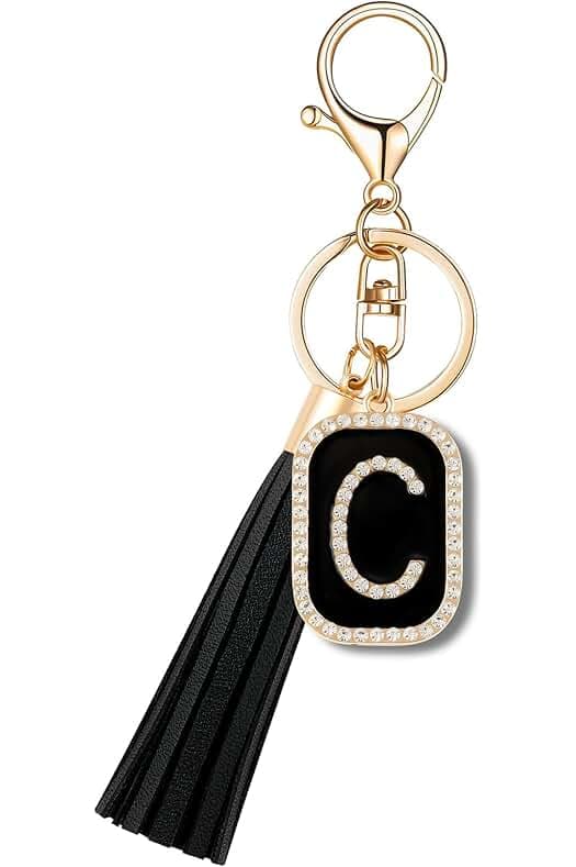 Fashion Cubic Zirconia Crystal Alphabet Initial Letter Keychain Tassel Pendant Key Ring for Purse Handbags Women Girl