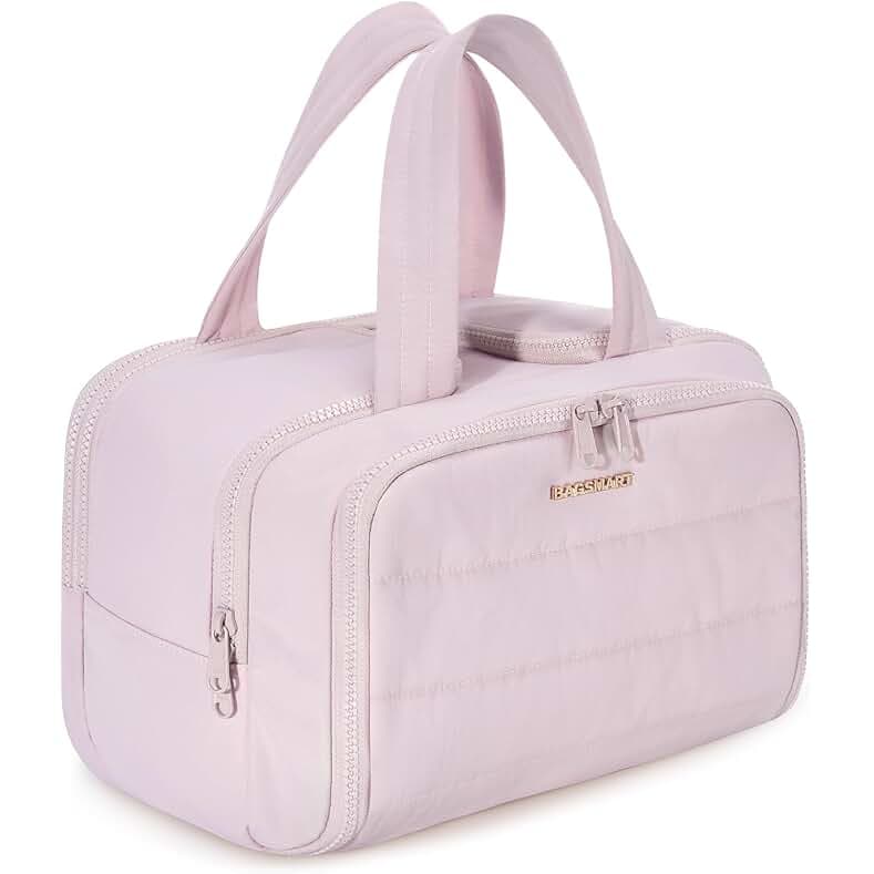 BAGSMART Travel Toiletry Bag, Lightweight Large Wide-open Travel Bag for Women, Puffy Cosmetic Makeup Bag Organizer with Handle for Accessories,Essentials, Toiletries, Pink