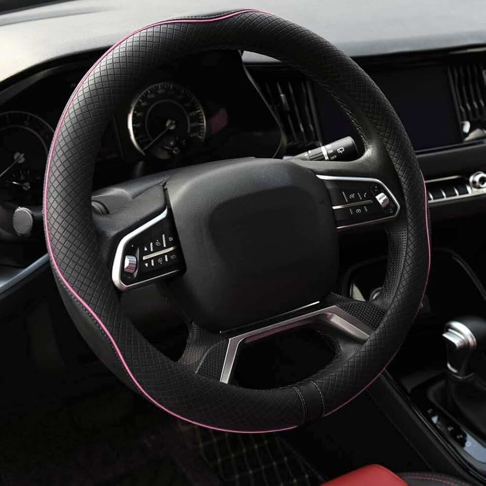 Microfiber Leather Steering Wheel Cover Anti-Slip Matte Finish Auto Car Wheel Cover Universal 15 Inch Wheel Cover for Car Embossing Pattern (Pink Line)