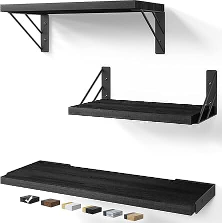 BAYKA Wall Shelves for Bedroom Decor, Floating Wall Shelves for Living Room Kitchen Storage, Wall Mounted Rustic Wood Floating Shelves for Kids Books, Corner Shelves for Bathroom, Office(Set of 3)