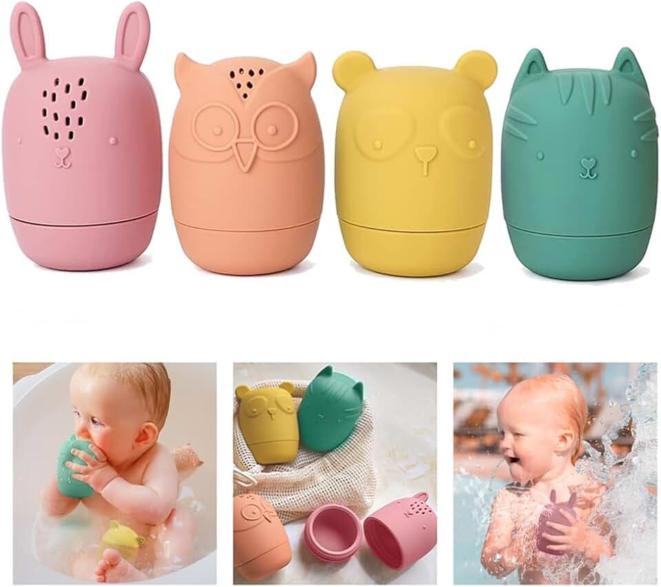 4Pack Mold Free Silicone Bath Toys for Toddlers 1-3, Non-Toxic, Dishwasher Safe