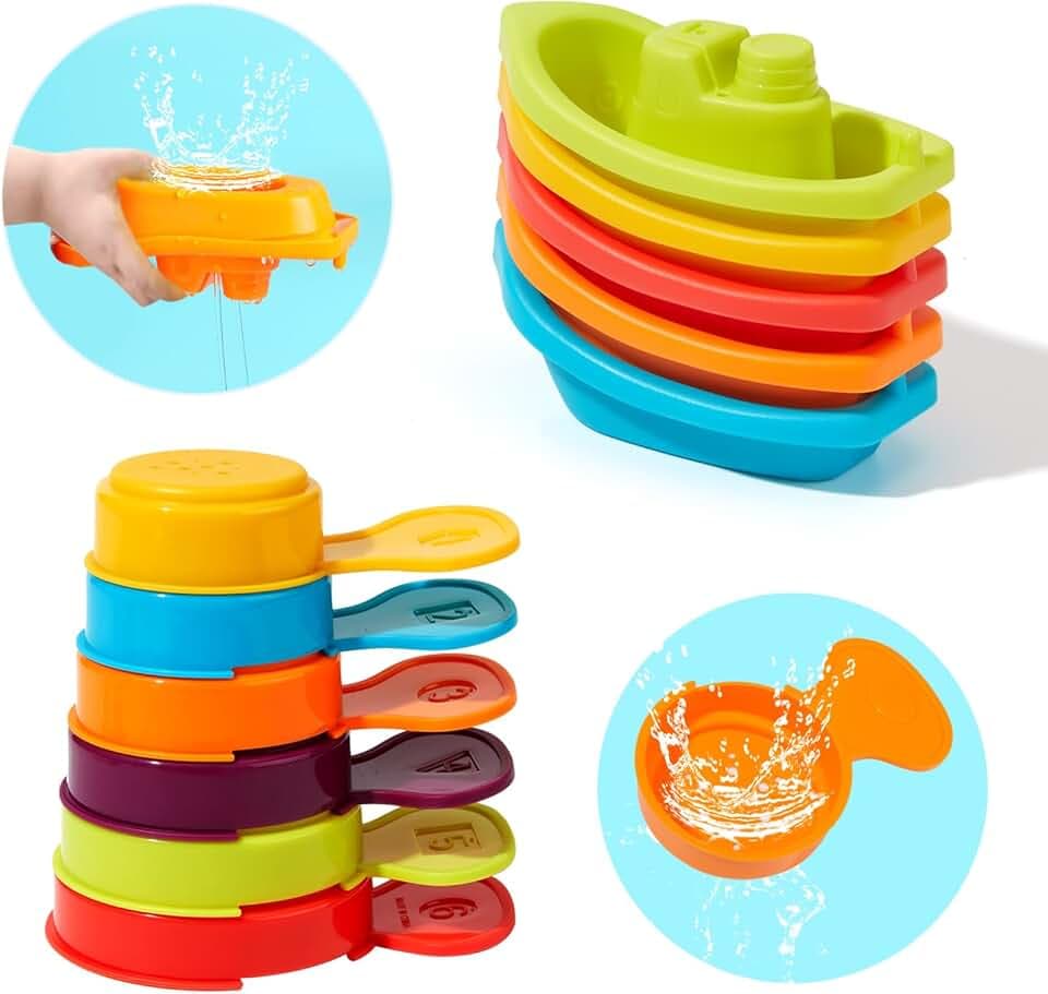 Baby Bath Toys for Kids Ages 1-3 | 11PCS Mold Free Floating Boats & Bathing Spoons Bathtub Water Table Toys for Babies 6-12 Months & Toddlers 2-4 Early Learning Educational Gifts