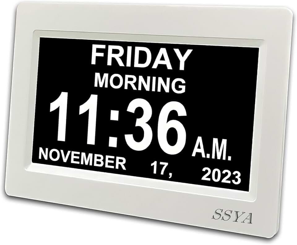 SSYA Digital Calendar Alarm Clock - Dementia Clocks for Seniors, Non-Abbreviated Memory Loss Clock with Date and Time for Elderly (White)