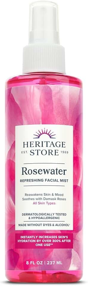 HERITAGE STORE Rosewater - Refreshing Facial Mist for Glowing Skin with Damask Rose, All Skin Types - Rose Water Spray for Face, Made Without Dyes or Alcohol, Hypoallergenic, Vegan, Cruelty Free, 8oz