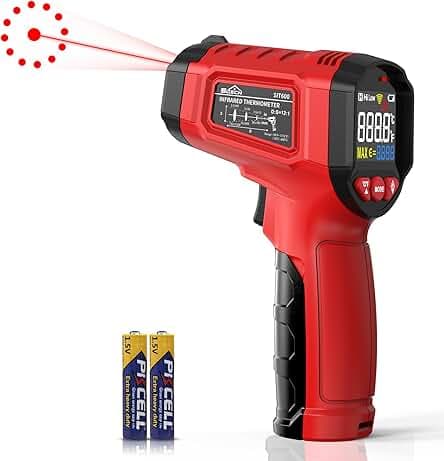 Infrared Thermometer Gun,SQECH Laser Thermometer Gun -58℉～1112℉(-50℃～600℃),Non-Contact Temperature Gun with Adjustable Emissivity&Color Backlight for Cooking, Pizza Oven,BBQ,Fridge,Engine,HVAC(Red)