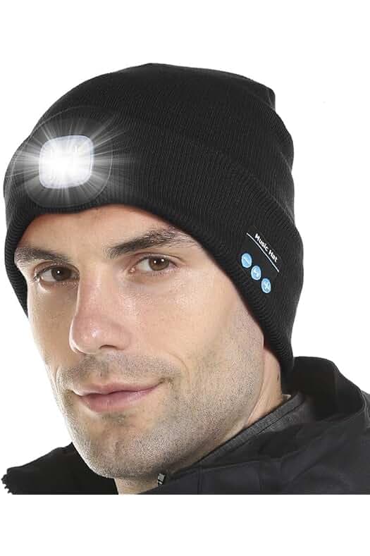 Bluetooth Beanie Hat with Light, Unisex LED Cap with Headphones Built-in Stereo Speakers & Mic, Tech Gift for Men Women Dad Black