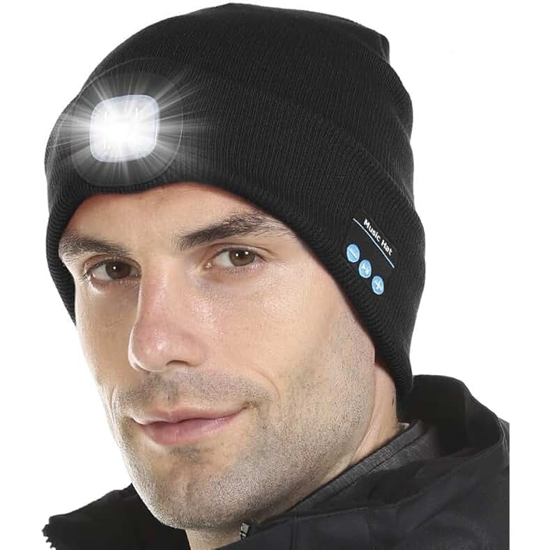 Bluetooth Beanie Hat with Light, Unisex LED Cap with Headphones Built-in Stereo Speakers & Mic, Tech Gift for Men Women Dad Black
