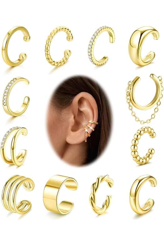 FUNRUN JEWELRY 12 Pcs Ear Cuffs Non Piercing for Women 14K Gold Plated Adjustable Cuff Earrings Non Pierced Cubic Zirconia Ear Cuff Clip on Cartilage Fake Earrings Jewelry