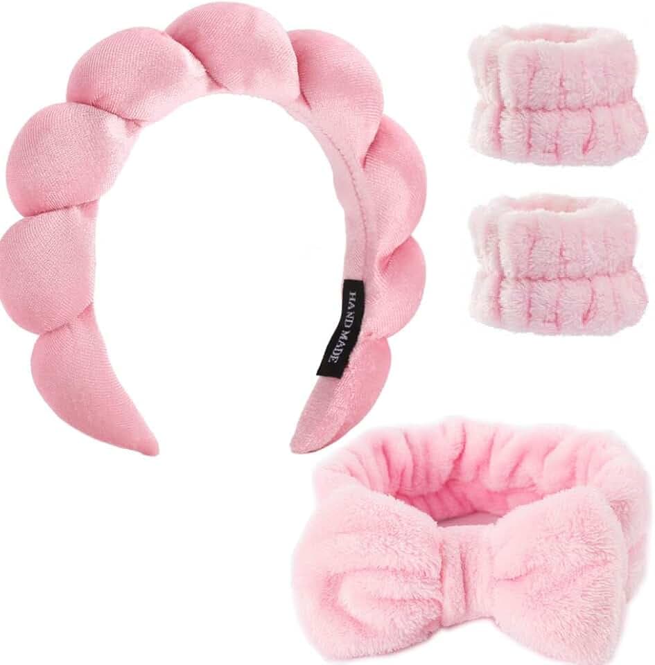 Hairband, 4pack Puffy Spa Headbands & Wristband Set, Makeup Headband, Face Wash Headband, Skincare Headbands, Sponge Hair Band Bow Tie for Washing Face, Hair Accessories for Women Gifts
