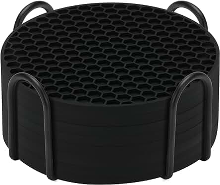 Silicone Coasters Set of 8 with Holder,Coasters for Drinks,Beer,Coffee Coasters,Suitable for Kinds Cups,Hot or Cold,Anti-SLI,Non-Stick,Anti-Overflow Tabletop Protection and Decor (8 Pcs, Black)