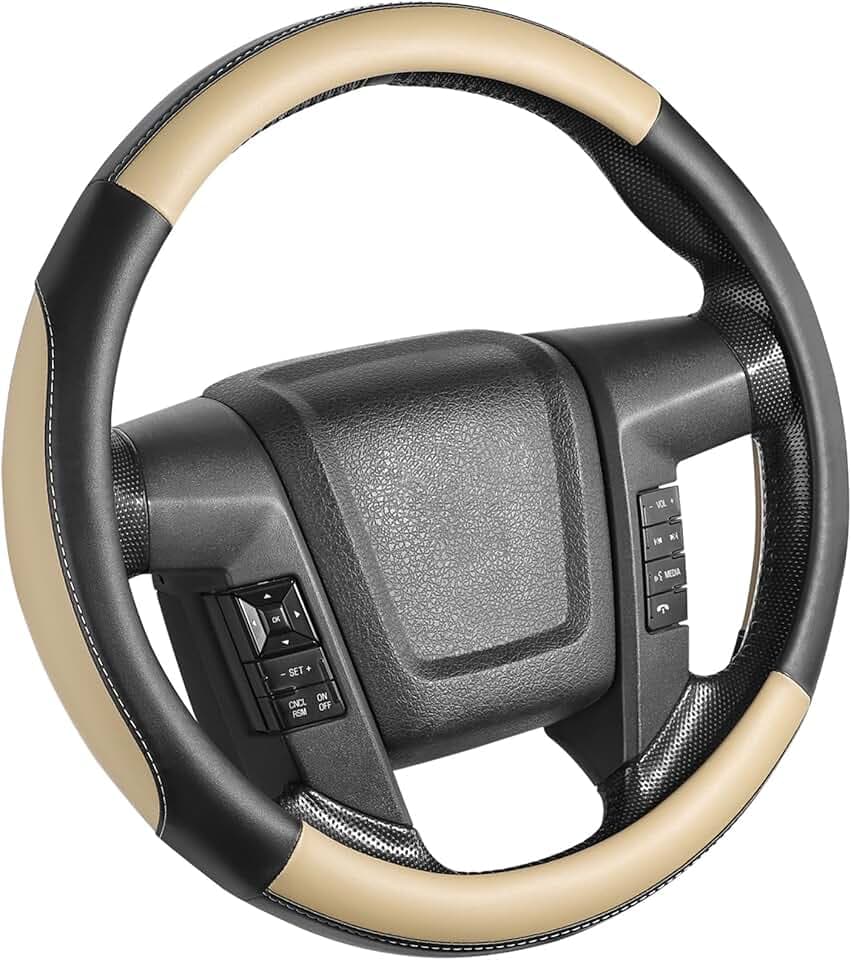 SEG Direct Car Steering Wheel Cover Large-Size for F150 F250 F350 Ram 4Runner Tacoma Tundra Range Rover with 15 1/2 inches-16 inches Outer Diameter, Black and Beige Microfiber Leather