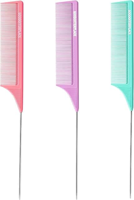 3 PCS Rat Tail Combs Parting Rattail Teasing Fine Tooth Comb with Metal Pick for Curly Hair