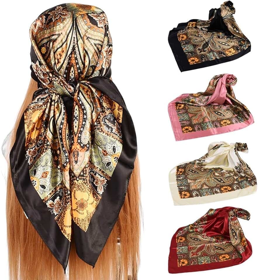 4Pcs Silk Head Scarves for Women Satin Hair Scarf 35”Large Square Bandana Silk Like Neck Scarf Shawl
