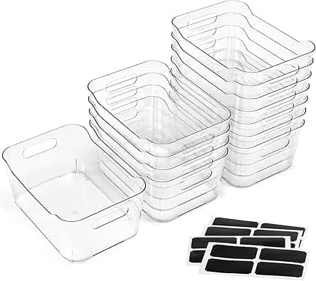 12 PACK Multi-Use Clear Plastic Storage Bins for Organizing w/ Labels - Home