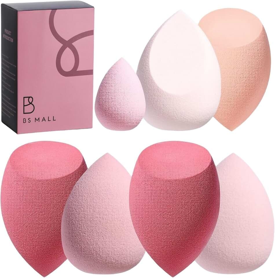 Makeup Sponge Set BS-MALL with Storage Case 7 Pcs for Liquid, Cream, and Powder, Foundation with 1 Mini Makeup Sponge Pink (A-Pink）