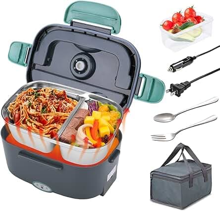 Electric Lunch Box Food Heater with 2 Compartments 70W Leakproof Portable Food Warmer Lunch Box for Adults Car Truck Work, 12/24V&110V Self Heating Lunch Box with 1.5L Removable Container