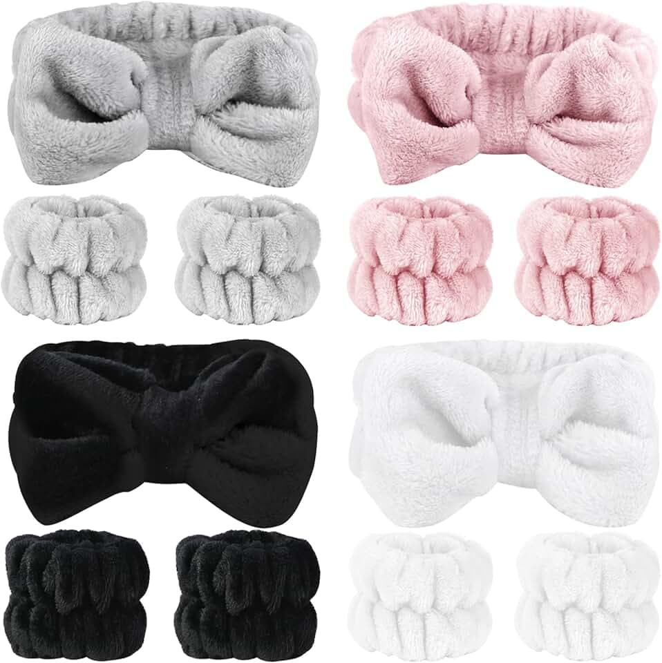 12 PCS Face Wash Headband Wristband Set for Women Girls, Soft Microfiber Facial Spa Hair Wraps Makeup Skincare Bath Headbands Wrist Bands for Washing Face（White, Pink, Gray, Black）