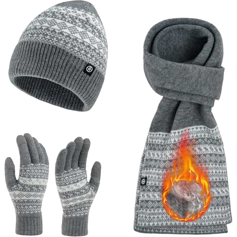 Womens Winter Beanie Hat Scarf Gloves Set, Touchscreen Gloves Long Scarf Thick Warm Knit Skull Caps Winter Gift for Women Men