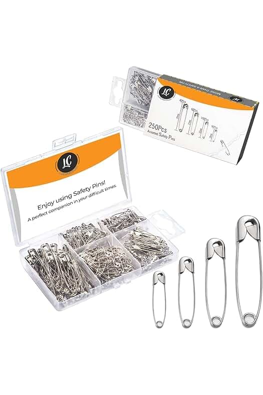 250 Pack Safety Pins by Luxurecourt, 4 Assorted Sizes of Durable, Silver Small and Large Safety Pins Bulk, Rust-Resistant Nickel Plated Steel, Sharp Edge Pins for Clothes, Sewing, Arts & Craft