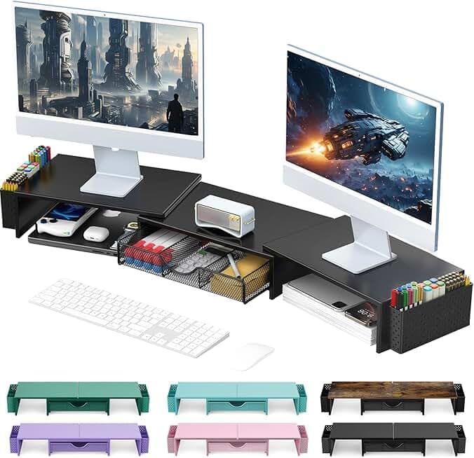 gianotter Dual Monitor Stand Riser, Desk Organizer With Drawer and 2 Pen Holders, Computer Monitor Stand, Desk Shelf for Top of Desk, Balck
