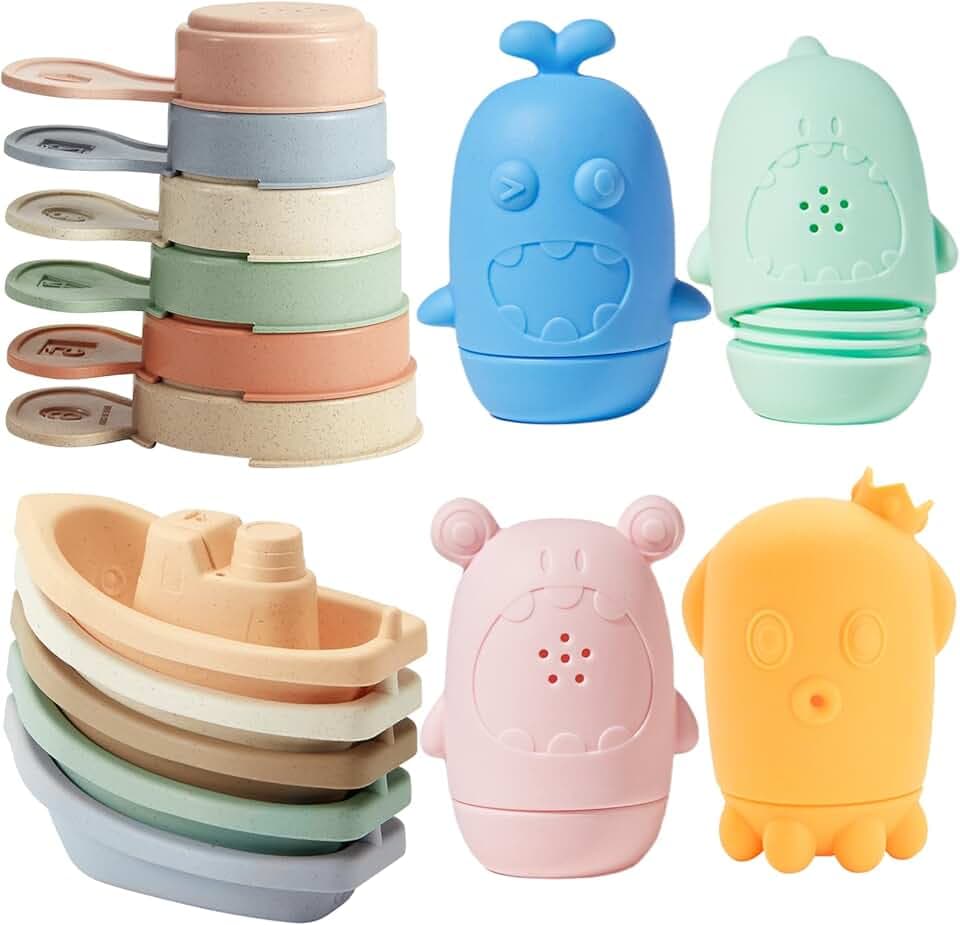 Baby Bath Toys for Kids Ages 1-3 15 PCS Mold Free Toddler Bath Toys for 2-4 Bathtub Water Table Pool Toys with Stackable Boats and Spoons and Silicone Bath Toy for Babies 6-12 Months