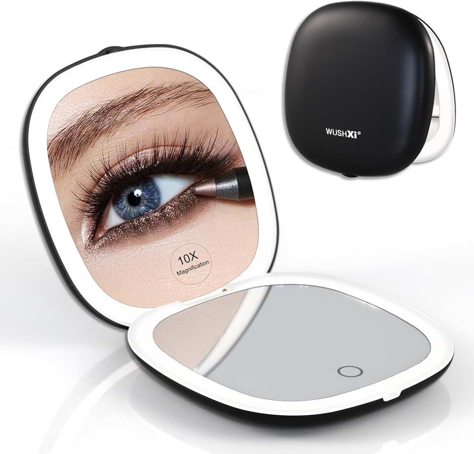 Portable LED Makeup Mirror - Compact Travel Mirror with Light, 10X Magnification, Adjustable Brightness, Rechargeable, for Her, Travel Accessories for Women, Ideal for Purse