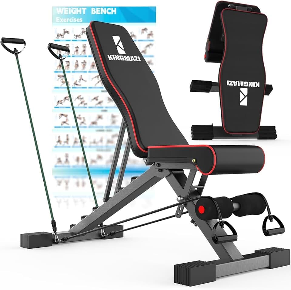 Adjustable Weight Bench, Exercise Workout Bench for Full Body Workout- Multi-Purpose Foldable Bench, Folding Dumbbells Bench with Resistance Band Set
