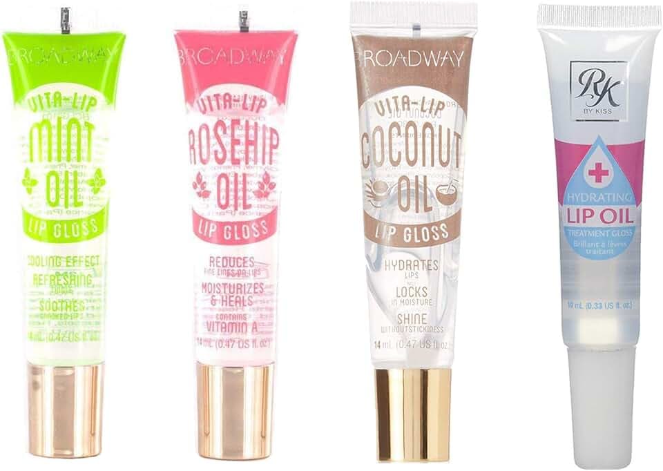 Ruby Kisses Broadway Vita-Lip Clear Lip Gloss (4 Pack Mint, Rosehip, Coconut Oil, Lip Oil Treatment), Ultra-Hydrating & Soothing Formula with Multi-Vitamins, High-Shine Non-Sticky Finish Lip Balm