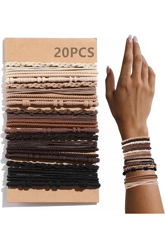 20 PCS Boho Hair Ties, Bracelets Hair Ties for Thick or Thin Hair, 4 Styles Boho Ties for Ponytail Holders, 2.36’’ Hair Ties No-Damage, Brown