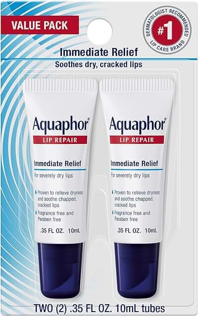 Aquaphor Lip Repair Ointment, Moisturizing Lip Balm Pack, Relieves Dryness, 0.35 Tube, Pack of 2