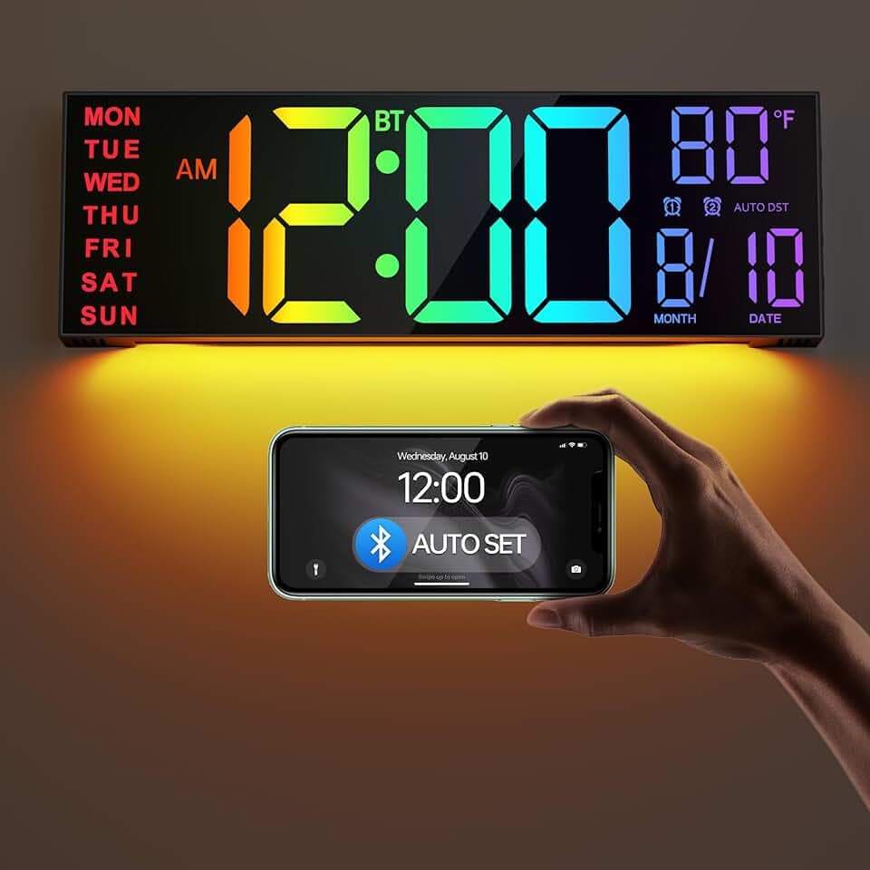 JALL 16.2" Large Digital Wall Clock with Bluetooth Sync, Alarm, Big LED, RGB Color, Auto DST, Temperature for Classroom Bedroom, Garage, Mount, Xmas, Birthday Gift for Aged Elderly Mother Father