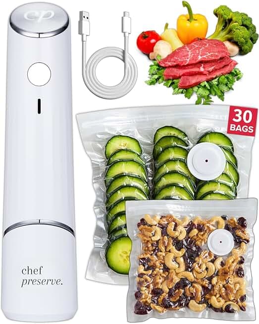 Chef Preserve Compact Vacuum Sealer for Food (Vacuum Sealer Machine + 30 Reusable Vacuum Bags) Powerful Handheld Vacuum Sealer Machine, Seal Meal Saver, Portable Food Sealer
