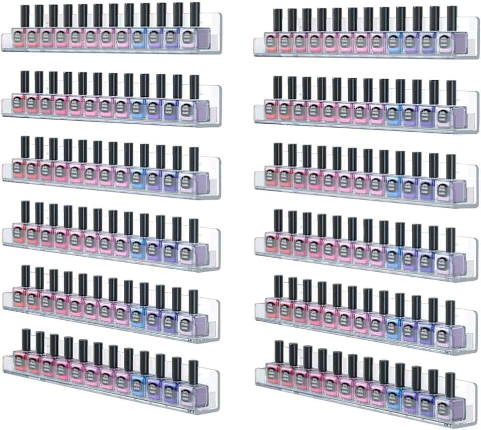 FEMELI Acrylic Clear Nail Polish Wall Rack: 12pcs Organizer Holder Display Shelves - 15 Inch