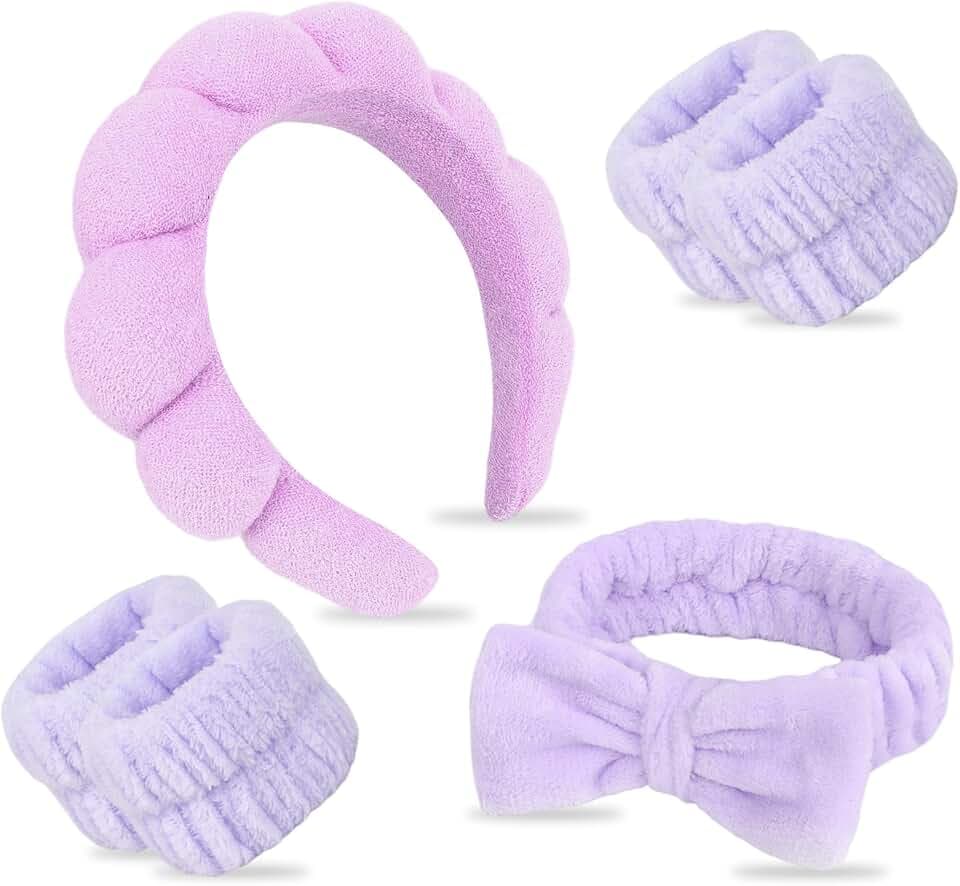 Hairband Set, 6Pcs Spa Headbands & Wristbands, Soft Terry Cloth & Microfiber, for Women Skincare, Makeup, Bathing, Yoga, Gift