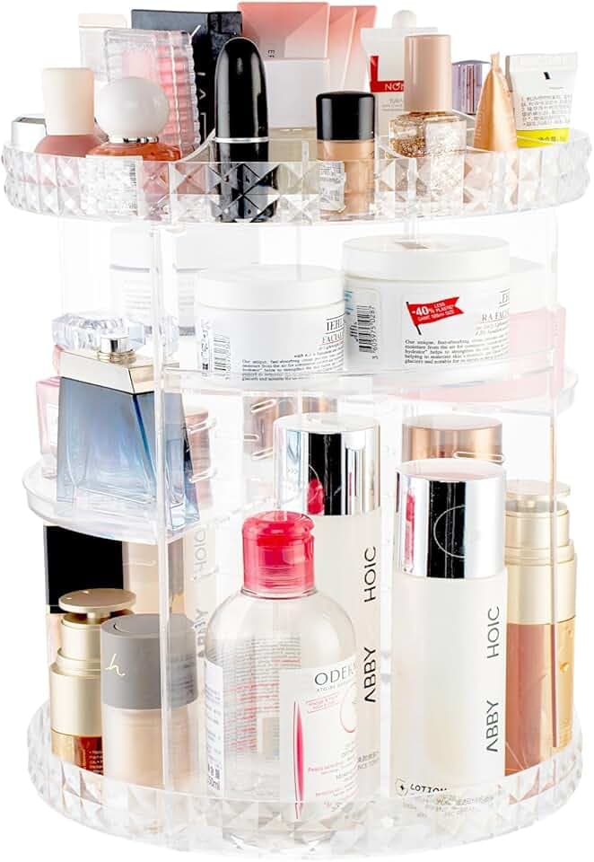 V-HANVER 360 Rotating Makeup Organizer Perfume Organizer Clear Cosmetic Storage Display Case Large Capacity Acrylic Beauty Holder Adjustable Partition Height for Bedroom Dresser or Bathroom Vanity