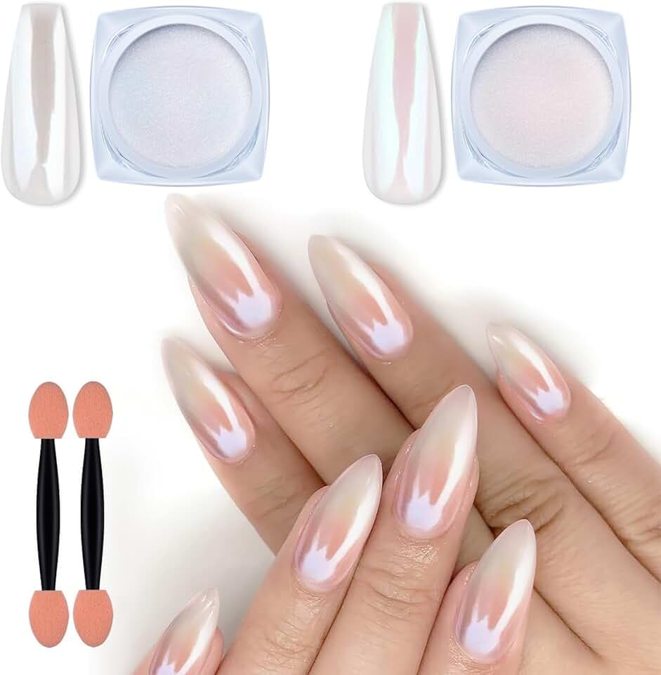 Artdone 2 Jars Chrome Nail Powder White and Red Pearl, Iridescent Aurora Powder Metallic Mirror Effect Pigment Pearlescent Mermaid Pearl Dust Kit, Decoration Resin Craft