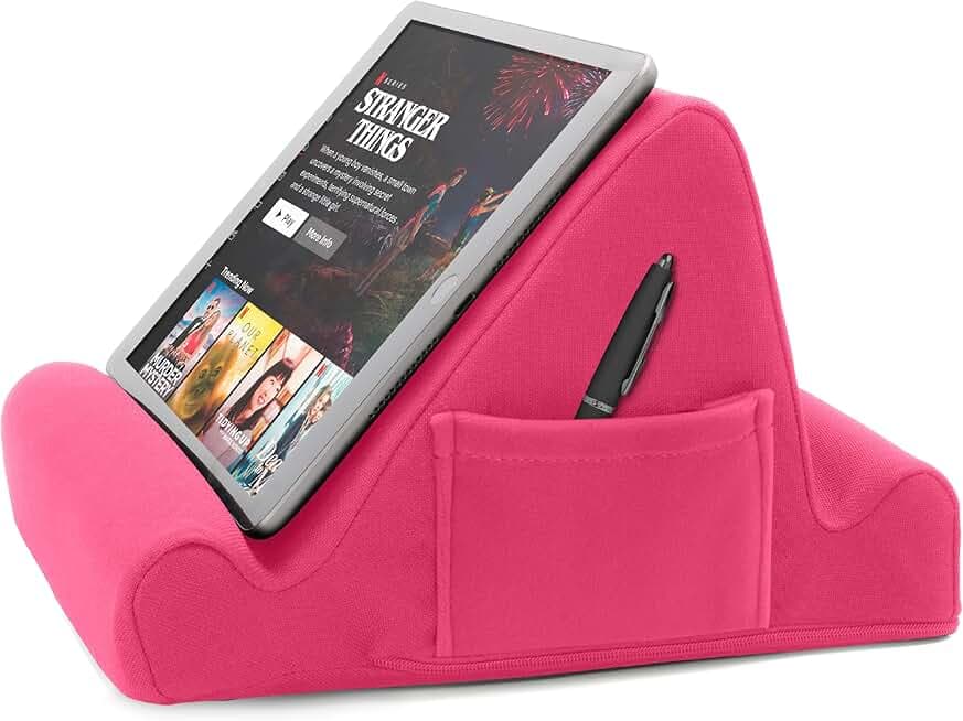 Brookstone, Memory Foam Lap Desk Tablet Holder, Holds Phones, iPads, E-Book Readers, 2 Viewing Angles, 2 Side Pockets for Accessories, Book Holder Cushion, Perfect Home, Car Travel, Flights, Pink