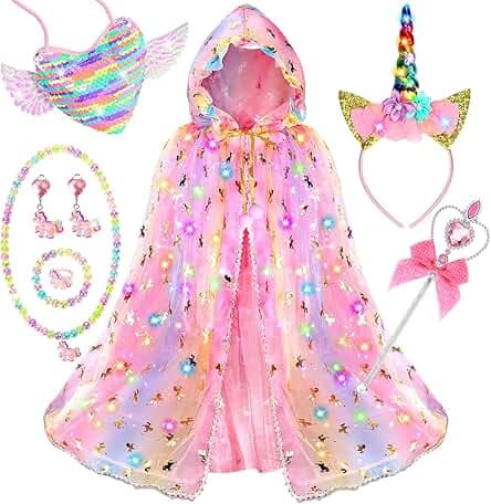 Fedio Princess Dress up for Girls,Unicorn Light up Princess Cape Set,Light up Princess Dress with Unicorn Toys for Girls 3-8 Halloween