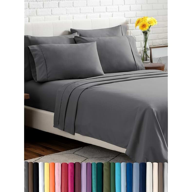 Bare Home Hotel Luxury Queen Sheet Set, Extra Soft - 6 Piece Set - Deep Pockets - Easy Fit - Cooling & Breathable - Wrinkle, Fade, Stain Resistant - Includes 4 Pillowcases (Queen, Grey)