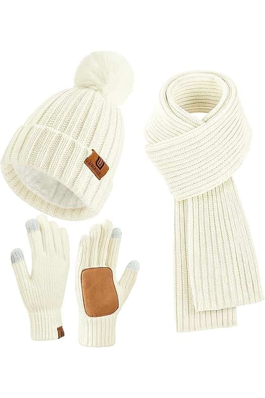 Womens Winter Beanie Hat Scarf Gloves Set Warm Knit Beanie with Pom Pom Long Scarf Touchscreen Gloves 3 in 1 Set