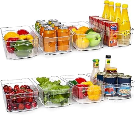 HOOJO Refrigerator Organizers and Storage - 8pcs Clear Plastic Bins For Fridge, Freezer, Kitchen Cabinet, Pantry Organization, BPA Free Fridge Organizer, 12.5" Long, Clear