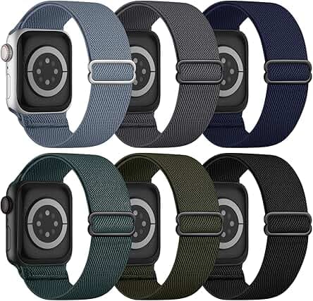 6 Pack Stretchy Solo Loop Compatible with Apple Watch Band 45mm 46mm 44mm 42mm 49mm 41mm 40mm 38mm Men Women, Braided Elastic Nylon Strap for iWatch Series 10 9 8 7 6 5 4 3 SE SE 2 Ultra Ultra 2