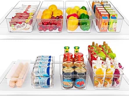 Vtopmart Set of 8 Fridge Organizer, Refrigerator Organizer Bins with Handles, Freezer Organizer Clear Organizing Bins, BPA-Free Fridge Storage Containers for Fridge, Freezer, Cabinet, Kitchen, Pantry
