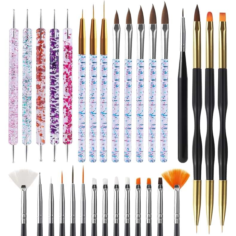 Artdone 31pcs Nail Art Brushes, Nail Art Tool Set, Dotting Tools, Dust Brush,Striping Brushes for Long Lines, Drawing Pen For Gel Polish Design supply