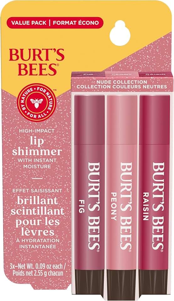 Burt's Bees Lip Shimmer Nude Collection, Tinted Lip Balm Stick, Moisturizing for All Day Hydration with Natural Glowy Pigmented Finish & Buildable Color, 3 Warm Shades; Value Pack, 3 Tubes x 0.09 Oz