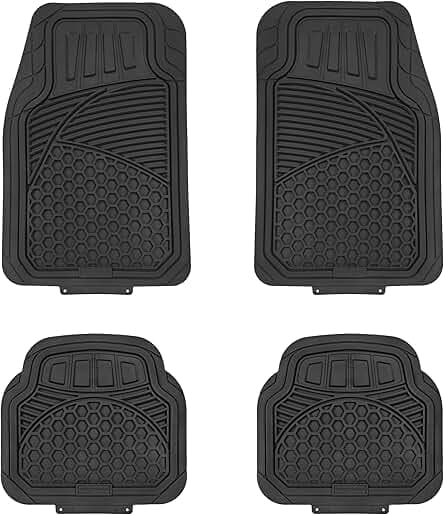 Amazon Basics Heavy Duty Car Floor Mat, PVC Faux Rubber, with Carpet Backing, Universal Deluxe All-Weather Trim to Fit for 95% Automotive SUV Sedans Trucks, 4-Piece, Solid Black