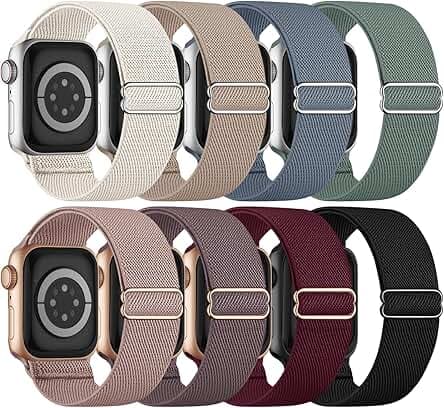 8 Pack Stretchy Solo Loop Band Compatible with Apple Watch Bands for Women Men 40mm 38mm 41mm 42mm 44mm 45mm 46mm 49mm, Nylon Braided Elastic Strap for iWatch Series 10 9 8 7 6 SE 5 4 3 Ultra Ultra 2